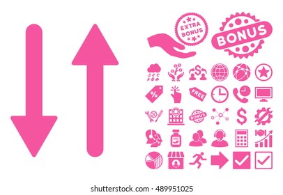 Arrows Exchange Vertical icon with bonus design elements. Vector illustration style is flat iconic symbols, pink color, white background.