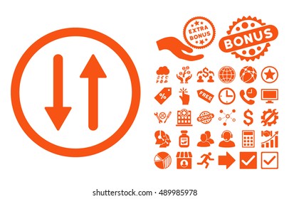 Arrows Exchange Vertical icon with bonus clip art. Vector illustration style is flat iconic symbols, orange color, white background.