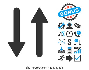 Arrows Exchange Vertical icon with bonus clip art. Vector illustration style is flat iconic bicolor symbols, blue and gray colors, white background.