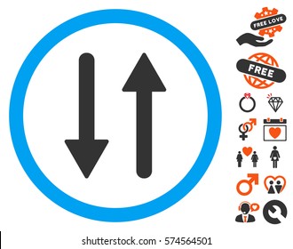 Arrows Exchange Vertical icon with bonus decoration design elements. Vector illustration style is flat iconic elements for web design, app user interfaces.