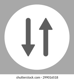 Arrows Exchange Vertical icon from Primitive Round Buttons OverColor Set. This round flat button is drawn with dark gray and white colors on a silver background.