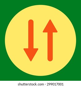 Arrows Exchange Vertical icon from Primitive Round Buttons OverColor Set. This round flat button is drawn with orange and yellow colors on a green background.