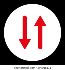 Arrows Exchange Vertical icon from Primitive Round Buttons OverColor Set. This round flat button is drawn with red and white colors on a black background.