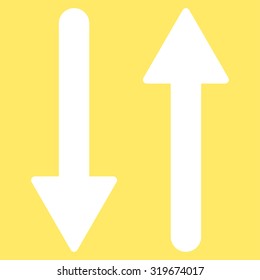 Arrows Exchange Vertical icon from Primitive Set. This isolated flat symbol is drawn with white color on a yellow background, angles are rounded.