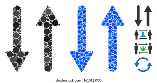 Arrows exchange vertical mosaic of small circles in various sizes and color tinges, based on arrows exchange vertical icon. Vector filled circles are organized into blue mosaic.