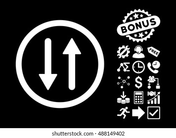 Arrows Exchange Vertical pictograph with bonus symbols. Vector illustration style is flat iconic symbols, white color, black background.