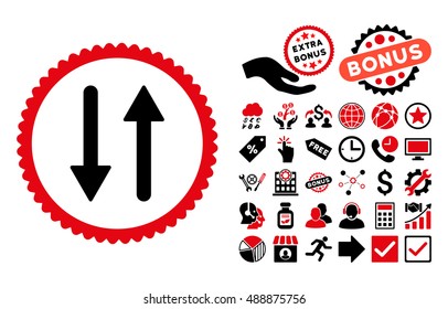 Arrows Exchange Vertical pictograph with bonus icon set. Vector illustration style is flat iconic bicolor symbols, intensive red and black colors, white background.