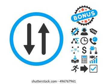 Arrows Exchange Vertical pictograph with bonus pictogram. Vector illustration style is flat iconic bicolor symbols, blue and gray colors, white background.