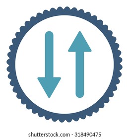 Arrows Exchange Vertical round stamp icon. This flat vector symbol is drawn with cyan and blue colors on a white background.