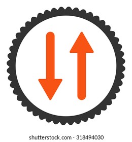 Arrows Exchange Vertical round stamp icon. This flat vector symbol is drawn with orange and gray colors on a white background.