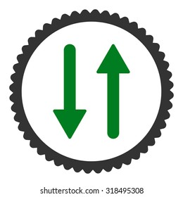 Arrows Exchange Vertical round stamp icon. This flat vector symbol is drawn with green and gray colors on a white background.