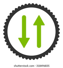 Arrows Exchange Vertical round stamp icon. This flat vector symbol is drawn with eco green and gray colors on a white background.