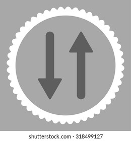 Arrows Exchange Vertical round stamp icon. This flat vector symbol is drawn with dark gray and white colors on a silver background.