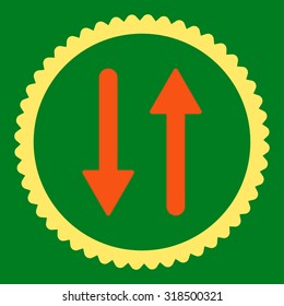 Arrows Exchange Vertical round stamp icon. This flat vector symbol is drawn with orange and yellow colors on a green background.