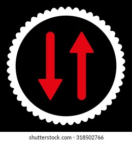 Arrows Exchange Vertical round stamp icon. This flat vector symbol is drawn with red and white colors on a black background.