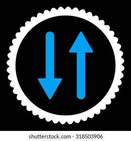 Arrows Exchange Vertical round stamp icon. This flat vector symbol is drawn with blue and white colors on a black background.