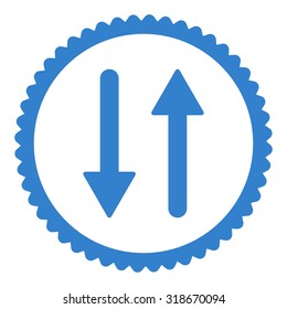 Arrows Exchange Vertical round stamp icon. This flat vector symbol is drawn with cobalt color on a white background.