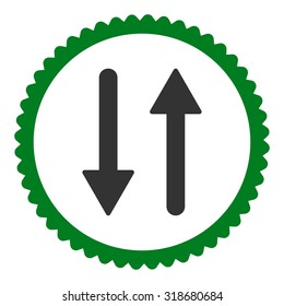 Arrows Exchange Vertical round stamp icon. This flat vector symbol is drawn with green and gray colors on a white background.