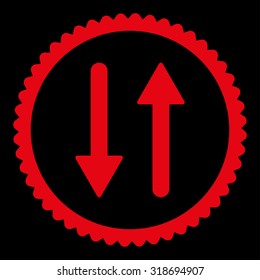 Arrows Exchange Vertical round stamp icon. This flat vector symbol is drawn with red color on a black background.