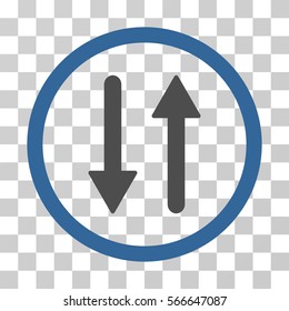 Arrows Exchange Vertical rounded icon. Vector illustration style is flat iconic bicolor symbol inside a circle, cobalt and gray colors, transparent background.