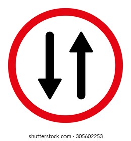 Arrows Exchange Vertical vector icon. This rounded flat symbol is drawn with intensive red and black colors on a white background.