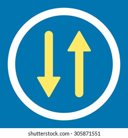 Arrows Exchange Vertical vector icon. This rounded flat symbol is drawn with yellow and white colors on a blue background.