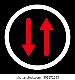 Arrows Exchange Vertical vector icon. This rounded flat symbol is drawn with red and white colors on a black background.