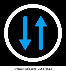 Arrows Exchange Vertical vector icon. This rounded flat symbol is drawn with blue and white colors on a black background.