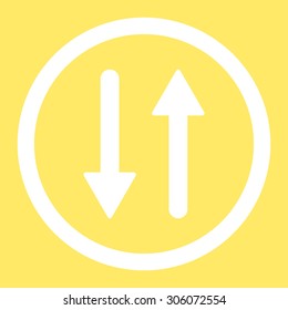 Arrows Exchange Vertical vector icon. This rounded flat symbol is drawn with white color on a yellow background.