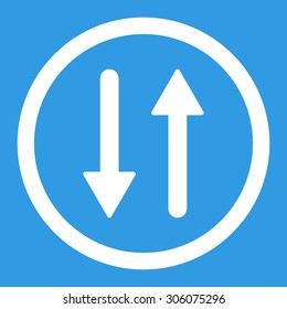 Arrows Exchange Vertical vector icon. This rounded flat symbol is drawn with white color on a blue background.