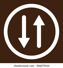 Arrows Exchange Vertical vector icon. This rounded flat symbol is drawn with white color on a brown background.