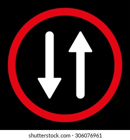 Arrows Exchange Vertical vector icon. This rounded flat symbol is drawn with red and white colors on a black background.