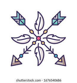 Arrows and feathers amulet in boho style RGB color icon. Native American Indian mystic symbol. Bohemian accessory. Ethnic home decoration, tribal charm. Isolated vector illustration