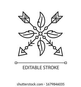 Arrows and feathers amulet in boho style pixel perfect linear icon. Bohemian accessory. Thin line illustration. Contour symbol. Vector isolated outline drawing. Editable stroke illustration