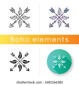 Arrows and feathers amulet in boho style icon. Native American Indian mystic symbol. Ethnic home decoration, tribal charm. Linear black and RGB color styles. Isolated vector illustrations