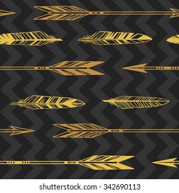 Arrows and feathers. Hand drawn vector seamless pattern