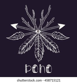 Arrows and feathers.  illustration of boho logo. Bohemian symbol.
Hand drawn. 