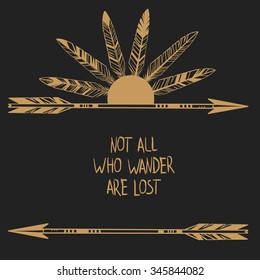 Arrows And Feathers On Black Background. Vector Template In Retro Bohemian Style