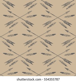 Arrows and feathers on light brown background. Vector seamless pattern