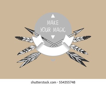 Arrows and feathers with ribbon for your title on light brown background. Vector template.