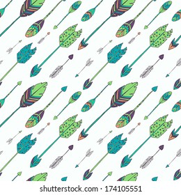 Arrows, feathers - seamless vector pattern, diagonal