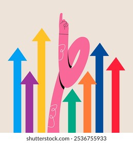 Arrows and finger pointing upwards. Concept of progress. Colorful vector illustration
