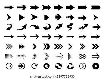 Arrows flat black icons. Direction pointers vector icons. Big collection. Vector set of black arrow signs.