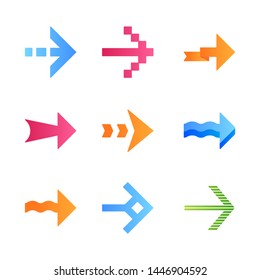 Arrows flat design long shadow color icons set. Wavy, pixel, folding, striped, dashed next. Navigation pointer, indicator. Arrowheads pointing right direction. Vector silhouette illustrations