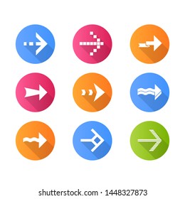 Arrows flat design long shadow glyph icons set. Wavy, pixel, folding, dashed next. Navigation pointer, indicator sign. Arrowheads pointing to right direction. Vector silhouette illustration
