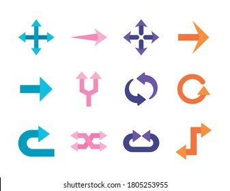 Flechas conjunto de estilo plano iconos diseño de dirección web hacia adelante e infografía Tema vectorial ilustración