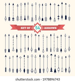 Arrows in flat vintage style for decoration. Large vector set of 54 different stylized decorative arrows isolated on a cream-colored background