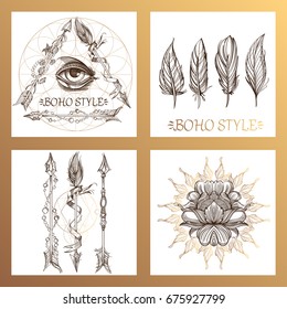 Arrows, flowers and feathers. A set of cards in the style of Boho. Contour illustrations for the creation of tattoos, coloring, clothing design and printed products.