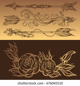 Arrows and flowers. A set of elements in the style of Boho. Contour illustrations for the creation of tattoos, coloring, clothing design and printed products.