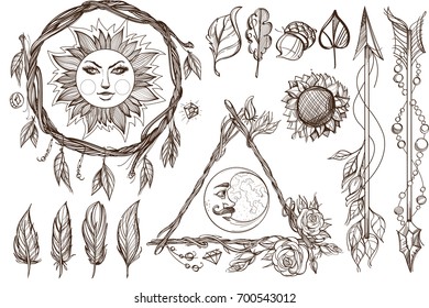 Arrows and flowers. A set of elements in the style of Boho. Contour illustrations for the creation of tattoos, coloring, clothing design and printed products.